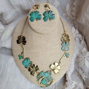 Vintage 90s Artisan Clover Leaf Necklace Set Patina Green Cottage Fairy Core